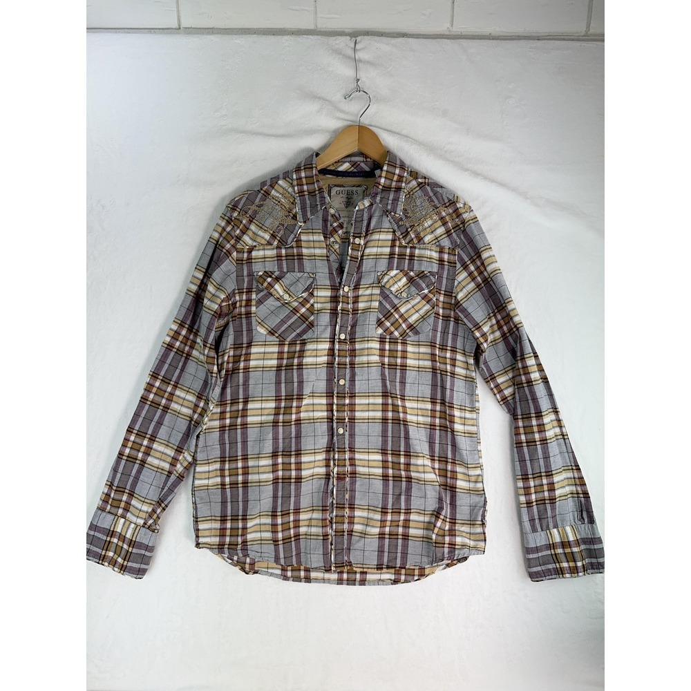 Guess Shirt Womens Large Gray Plaid Western Embroidered Button Up Long Sleeve